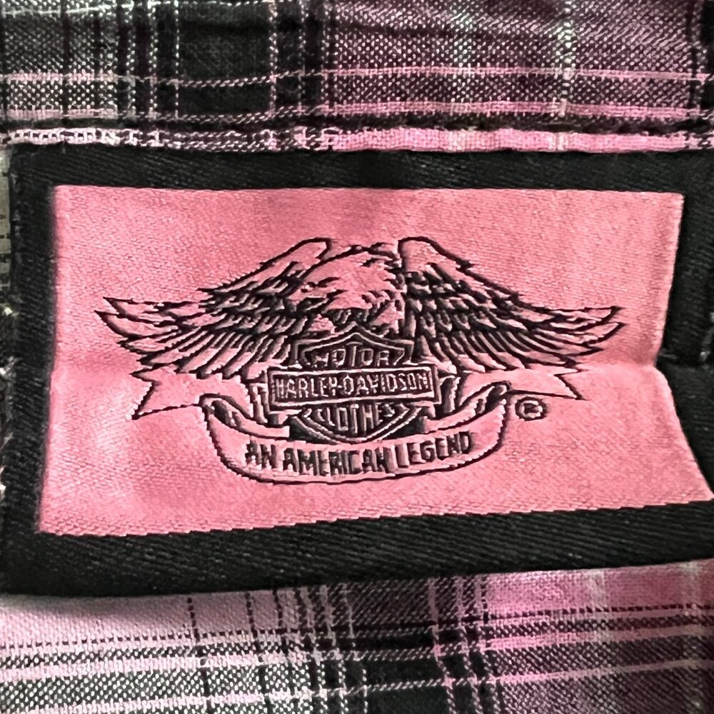 HARLEY DAVIDSON Women's Large Button Down Tab Sleeve Pink Plaid Shirt - Picture 8 of 9
